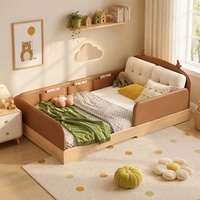 Lit enfant moderne multifonctionnel en cuir souple avec poches de rangement latérales intégrées, cadre en bois massif, écologique et durable