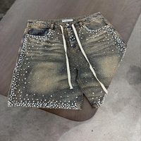 Soldes : Short en jean baggy pour homme, taille mi-haute, tissé, orné de strass, délavé, avec cordon de serrage, détails perles, style Y2K, streetwear, décontracté, été, quotidien