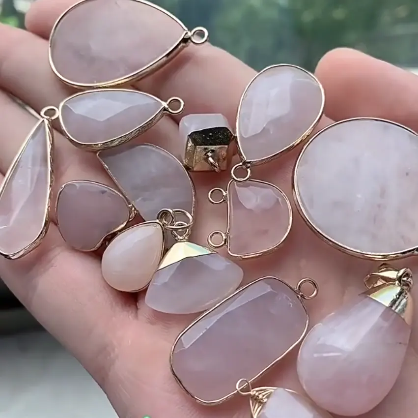 14 Lựa chọn vàng tự nhiên cạnh Rose Quartz Mặt dây chuyền chính hãng đa hình màu hồng quyến rũ cho vòng cổ đồ trang sức làm