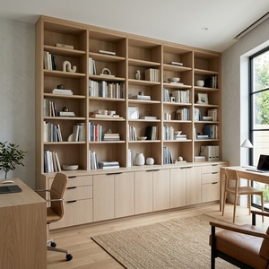 Étagère murale blanche moderne de grande taille avec tiroirs en bois, bibliothèque de rangement pleine longueur, vitrine minimaliste - Product Image 2