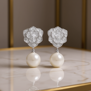 E3607 Pendientes colgantes de flores de oro blanco con perlas de imitación, joyería romántica para boda para mujer - Product Image 2