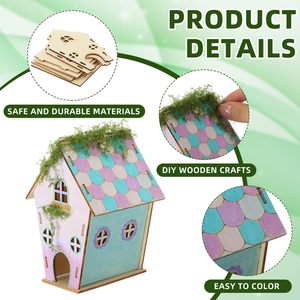 Casa de Hadas de Madera sin Pintar al por Mayor, Mini Cabaña de Elfo <span class=keywords><strong>en</strong></span> Blanco, Juguete de Madera Natural para Ensamblar, Manualidades de Pintura a Mano para Niños - Product Image 5