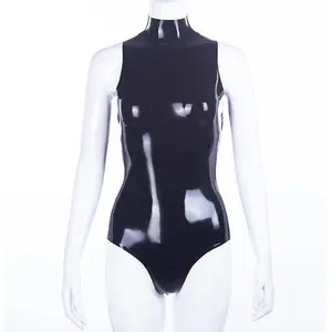Seksi siyah lateks Catsuit kadınlar tam Bodysuit Leotard kauçuk giyim ile 1mm korse