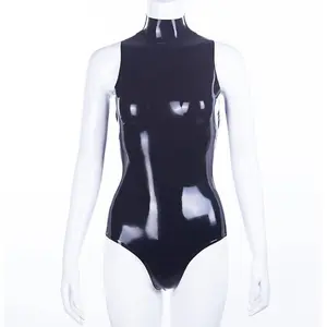 Sexy negro látex Catsuit mujer mono completo leotardo ropa de goma con corsé de 1mm