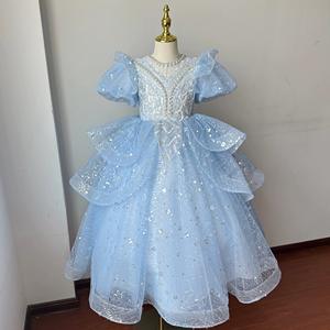 Abito da ballo per bambine 2026 con paillettes, in tulle azzurro, stile <span class=keywords><strong>principessa</strong></span>, con maniche a sbuffo e ricami, abito formale da festa, abito da concorso per bambini - Product Image 1