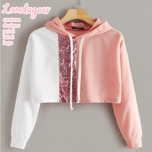 <span class=keywords><strong>Felpa</strong></span> <span class=keywords><strong>con</strong></span> Cappuccio Corta Personalizzata Loveda <span class=keywords><strong>con</strong></span> Etichetta Privata, <span class=keywords><strong>Rosa</strong></span> e <span class=keywords><strong>Bianca</strong></span>, Manica Lunga, <span class=keywords><strong>con</strong></span> Paillettes Glitterate e Coulisse per Donne - Product Image 1
