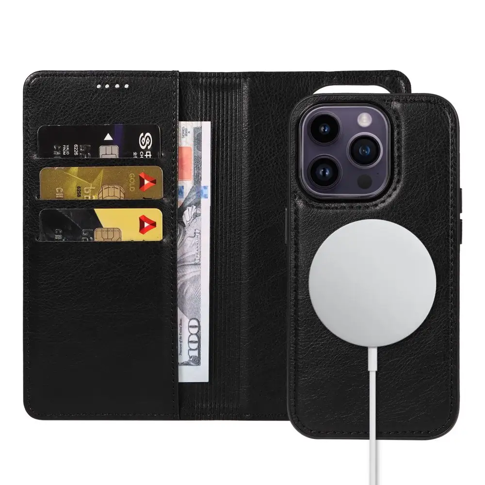 New Product Magnetic Leather Phone Case With Card Slot Holder For iPhone 15 Pro Detachable wallet case