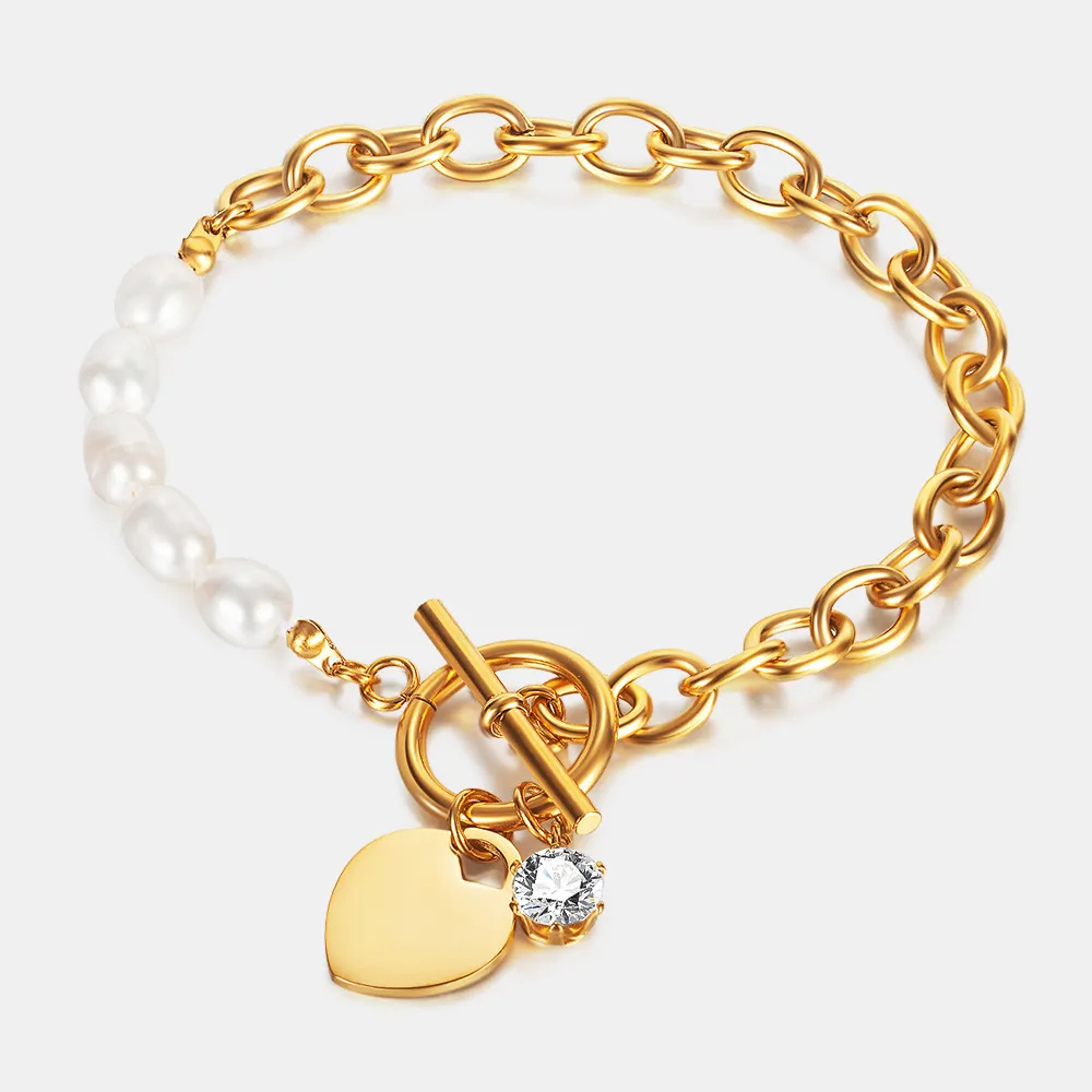 Pulsera de eslabones ovalados y dorados de 18k, brazalete de perlas barrocas cultivadas y delicadas, con abalorio de corazón