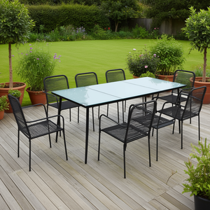 Set da Pranzo in Corda di Cotone Nero con Telaio in Acciaio Verniciato a Polvere e Vetro Temperato, Arredamento da Giardino per Esterni, 6 Posti, Stile Contemporaneo - Product Image 2
