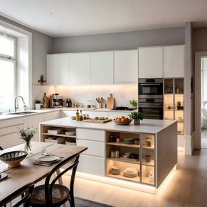 Mobili da <span class=keywords><strong>Cucina</strong></span> Moderni per Villa, Design Modulare a L, <span class=keywords><strong>Isola</strong></span> con Cassetti, Lussuosi Armadietti in Legno Massello con Finitura <span class=keywords><strong>Bianca</strong></span> Opaca - Product Image 2