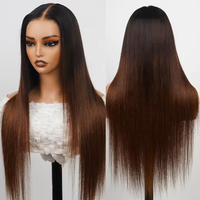 Perruque Frontale à Fermeture en Dentelle HD Sans Colle Marron Ombré et Blond Miel, Cheveux Humains Vierges Vietnamiens SDD Super Raides et Authentiques