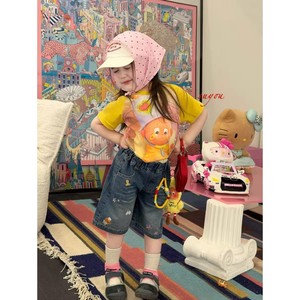 TongXingYuan Girls Denim Shorts High Waist Breathable Summer Casual Pants For Baby Girls With Cartoon Patches And Beads - Product Image 2