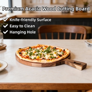 Planche à découper ronde pour pizza, plateau de service en bois, planche à charcuterie, planche à découper et à servir en <span class=keywords><strong>acacia</strong></span> avec poignée pour la cuisine - Product Image 2