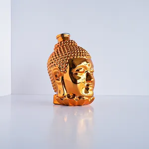 Único vinho garrafa 500ml personalizado dourado Buda forma vidro garrafa cortiça requintado escultura garrafa de vinho atacado fábrica