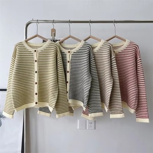 Pull en tricot rayé haute qualité <span class=keywords><strong>Cardigan</strong></span> à manches longues col rond veste boutonnée rouge haut ample décontracté - Product Image 1