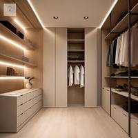 Système de dressing en U XINGRUO, armoire ouverte moderne avec étagères flottantes LED et tiroirs pour dressing minimaliste