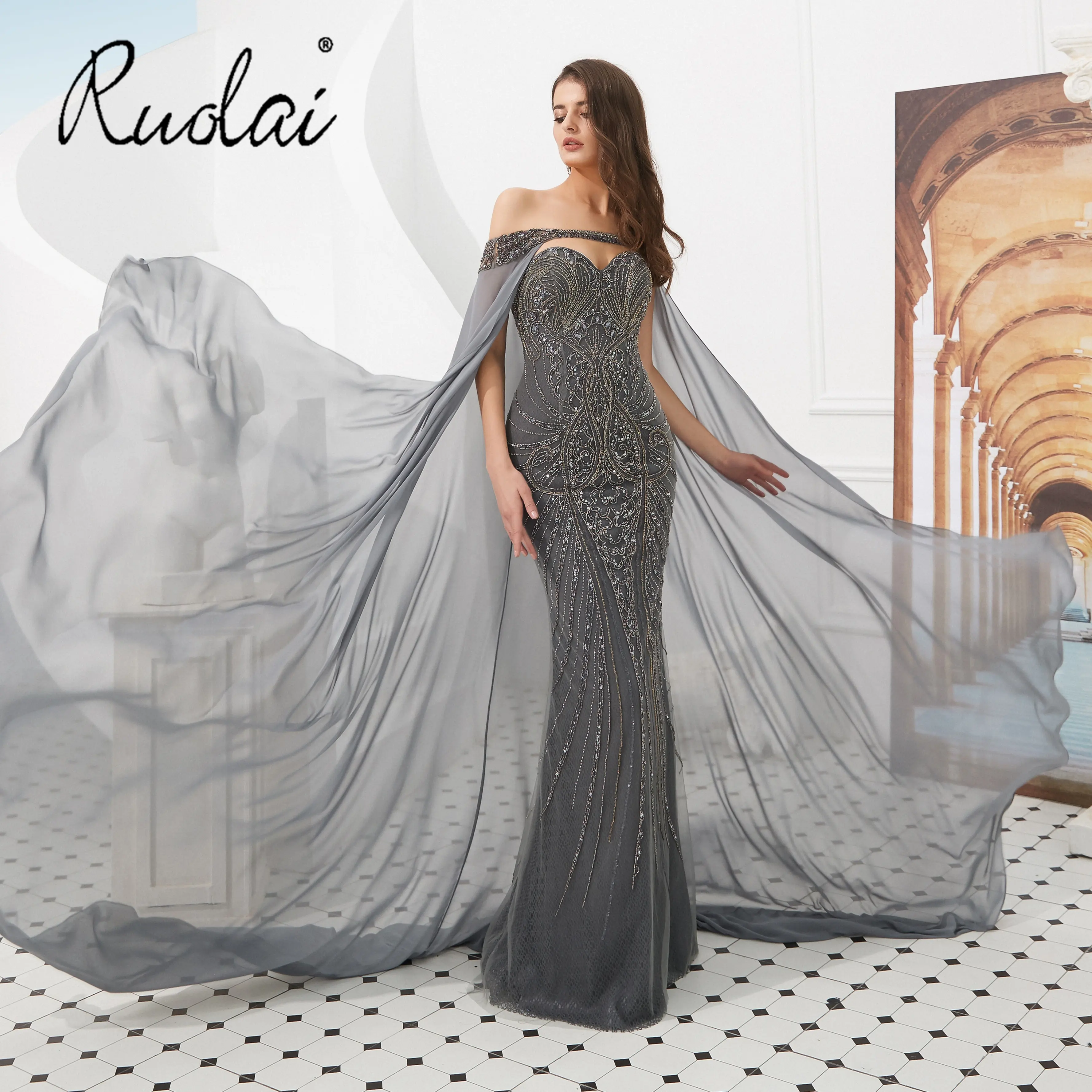 Ruolai LDC6710 nouveau 2014 gris foncé robe formelle avec longue cape perles lourdes luxe abendkleid robe de soirée