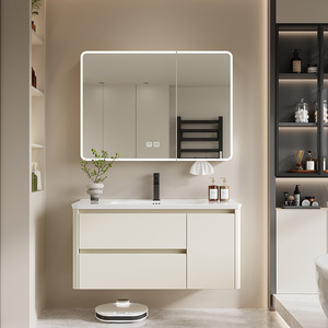 Meuble de salle de bain moderne en bois massif de style crème français avec double tiroir et vasque intégrée en céramique - Product Image 4