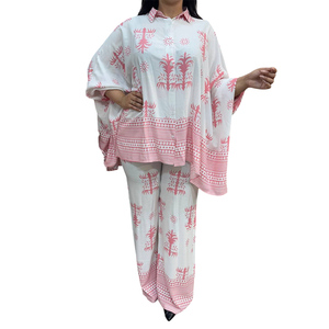 Bohemian Floral Printed Casual Loose Woven Cotton Kaftan Top & Wide Leg <b>Trouser</b> Loungewear Set for Summer Resort - Product Image 1