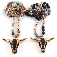 Bijoux à la mode Multistone Long noué à la main collier pendentif tête de vache Amazonite corne de taureau tête de crâne collier Mala