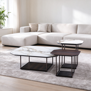 Ensemble de table basse 3 pièces avec plateau en marbre, table centrale rectangulaire et 2 tables d'appoint, pieds en métal noir, salon, hôtel, villa, salle de séjour - Product Image 2