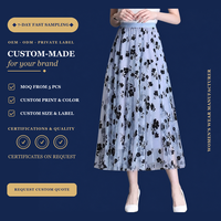 Rok Midi Wanita Vintage Musim Semi Bahan Tulle Motif Bunga Berlapis Pinggang Tinggi Lipit Model A-line Anti Kusut Campuran Katun