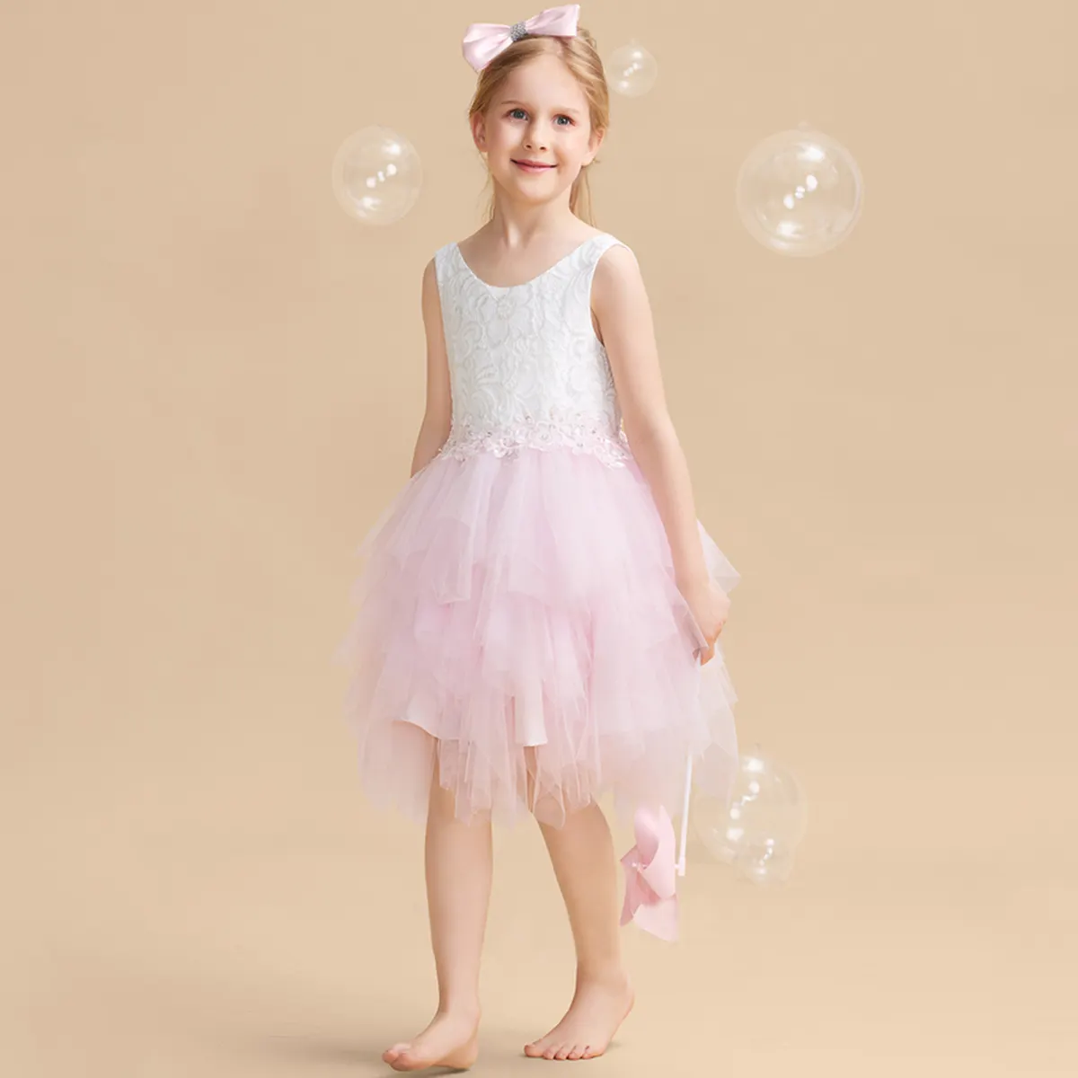 Tulle Lace Sleeveless Scoop Neck Beading Sequins V Back Ball Gown Princess Knee-length Flower Girl Dress