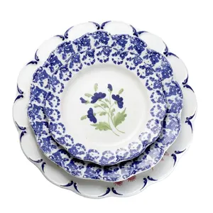 蓝白花造型复古餐具定制陶瓷沙拉家庭餐厅餐盘