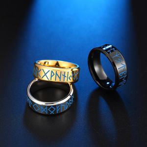 Anillo con Escritura Vikinga Nórdica, Color Acero, Interior Curvo, Pulido a Espejo, Grabado, Joyería de Moda Unisex, Regalo - Product Image 4