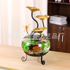 Ornement aquatique de bureau, aquarium rond en verre avec lotus doré et papillon, décoration Feng Shui pour salon et bureau - Product Image 3