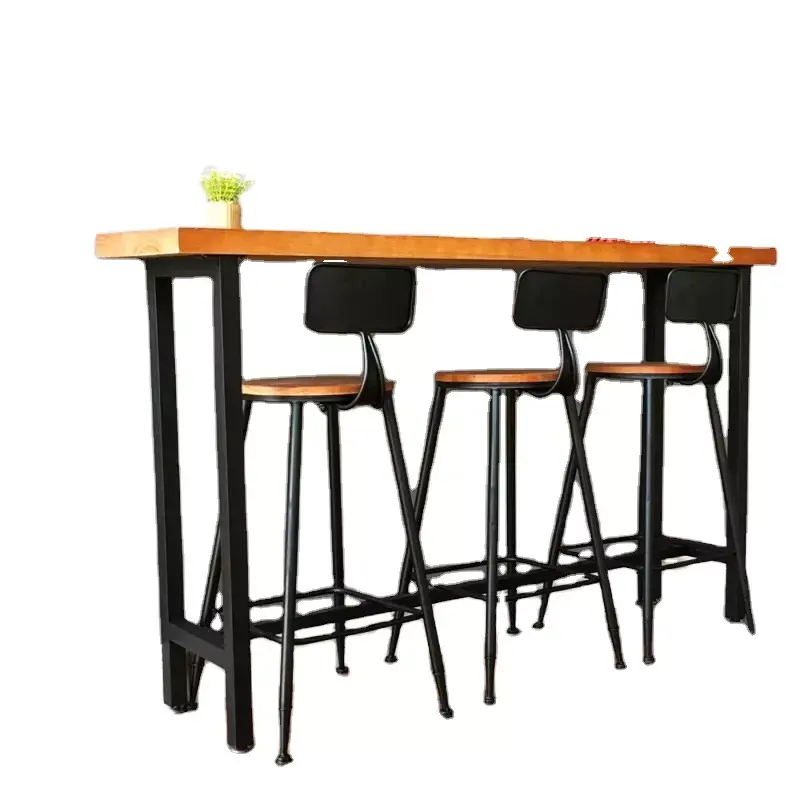 โต๊ะบาร์ยาวแบบแคบขาสูงทำจากโลหะแบบวินเทจไม้จริงสำหรับร้านกาแฟแบบเรียบง่าย