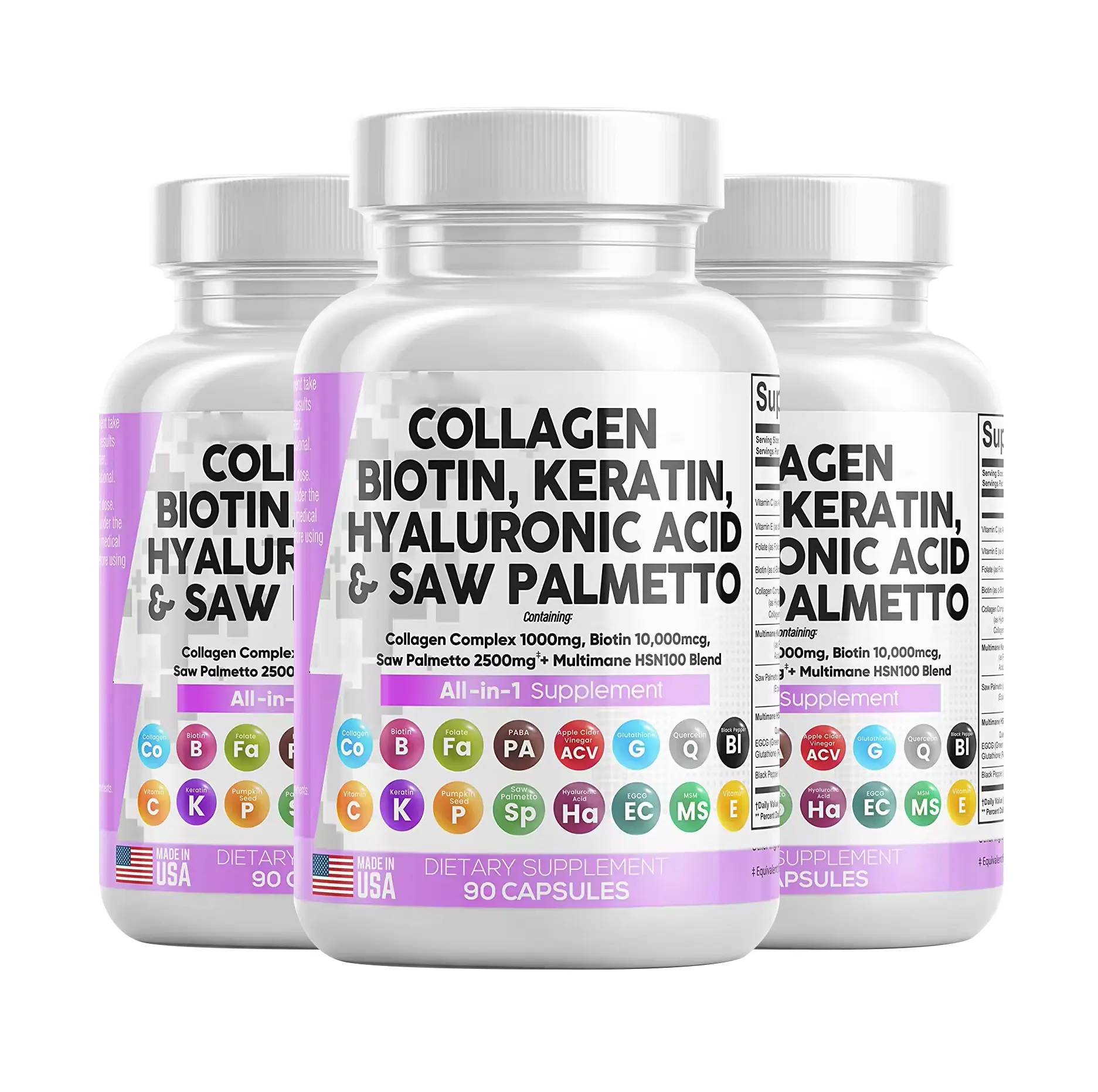 Cápsulas de colágeno biotina queratina serra palmetto ácido hialurônico cabelo pele unhas saúde