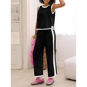 Ensemble de survêtement 2 pièces pour femme, été, sans manches, pantalon capri à jambes larges, couleurs contrastées, décontracté, respirant - Product Image 4