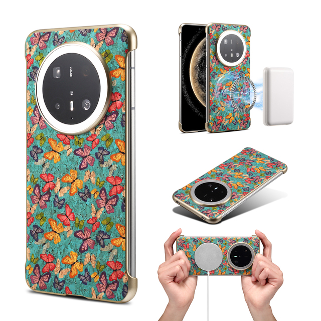 Denior Cork Printed Borderless Invisible Magnetic Shockproof Ring Wireless Charging Lens Protection Flower Butterfly Phone Case