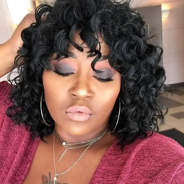 Andromeda Short Soft Black Big Curly Wigs for African American Women with Bangs Afro Kinky Curls Natural Looking Synthetic Wig