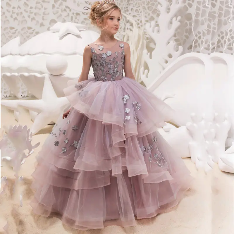 Vestido de renda florido para meninas, vestido formal de primeira comunhão de princesa para crianças, vestido de baile de tule para casamento e festa, lindo
