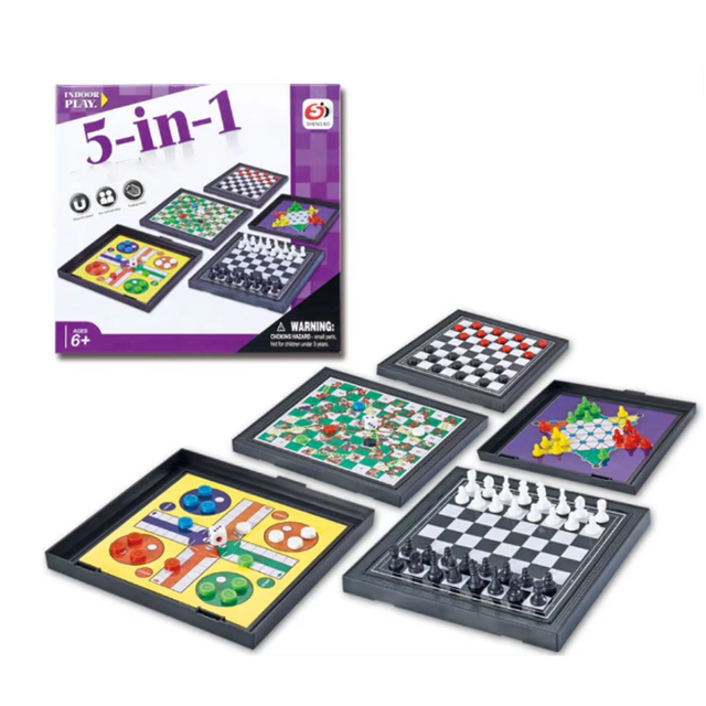 5 1 Mini Magnetic Board Game Collection Portable Plastic Glass Travel Size Chess Checkers Chinese Checkers Snakes Ladders Games
