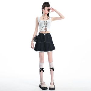 American-style Retro <strong>Denim</strong> Short <strong>Skirt</strong> Lady, Lace New Floral Ruffled High-waisted Half-<strong>length</strong> Dress - Product Image 2
