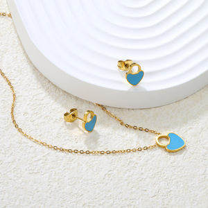 Stainless Steel Flower Earrings And Necklace <b>Set</b> For Women Gift Jewelry With Blue Enamel And <b>Crystal</b> Bezel Setting - Product Image 3