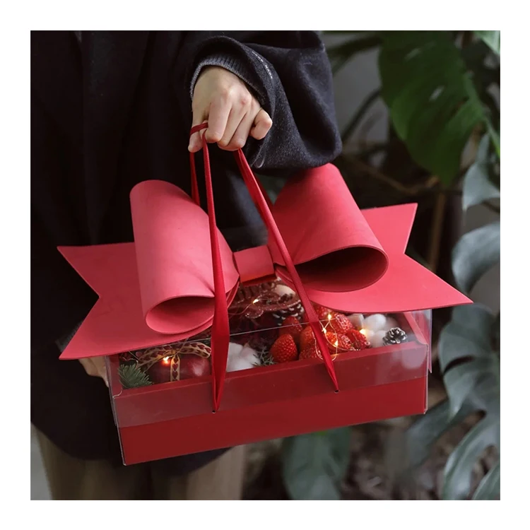 Caja de flores con lazo de rosa, mango de cinta elegante, aperitivo de fruta, gran lazo rojo, regalo, caja de pastel de flores transparentes para cumpleaños, Día de la madre