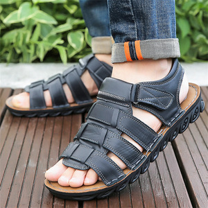 Sandalias de cuero genuino para hombre con tiras cruzadas, punta abierta, suela de goma transpirable, zapatos casuales de verano - Product Image 1