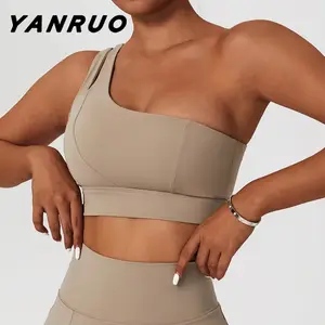 YanRuo批发定制加长下摆女式顶级运动服瑜伽服裸体感觉单肩脱运动套装主动穿