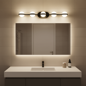 Luminaire de salle de bain LED minimaliste moderne, 5 ampoules, verre givré, montage mural, blanc chaud 3500K, IP44, lampe de miroir à intensité variable - Product Image 2