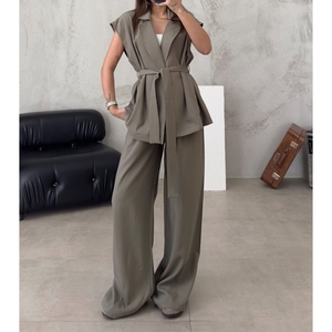 Sleeveless Suit Collar Tie Cardigan High Waist <b>Pants</b> Women's Casual 2-piece Set Fashion - Product Image 4