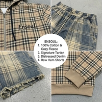 Ensemble de survêtement épais pour homme : sweat à capuche zippé à carreaux vintage personnalisé et short en jean déchiré de marques streetwear premium