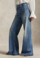 Kadın Modası Kot Pantolon Yüksek Bel Geniş Paça Önü Cepli Retro Vintage Yıkama Denizci Stili Palazzo Bol Denim Toptan