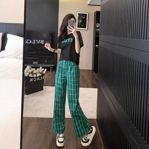 Stylish Women's Two Piece Set Loose Plaid Pants Short Sleeve Top Summer Casual Outfit Black Polyester Oxford Fabric - Product Image 5