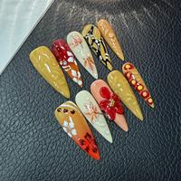 Faux Ongles Press-On Faits Main de Luxe, Longs Stiletto, 10 Pièces, Motif Feuille d'Érable Automne et Fleur 3D, Vente en Gros