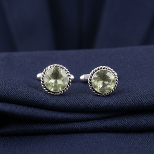 Boutons de manchette élégants en améthyste verte de style classique, sertis dans un matériau plaqué argent 925, pour usage unisexe. - Product Image 3
