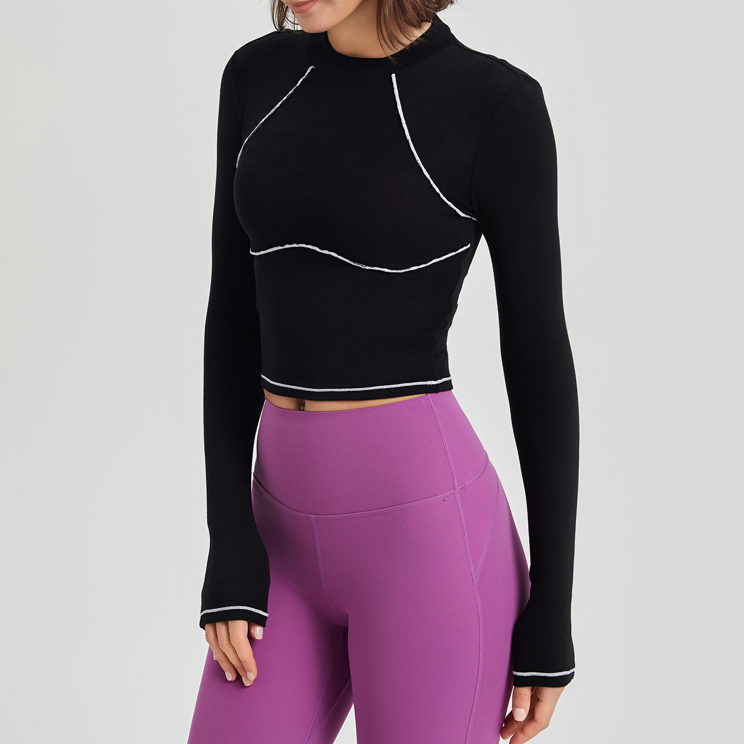 Autumn Winter Women's Long Sleeve Mousse Tight Fitness & Running Yoga Top Colorblock Shockproof Quick Dry Sportswear